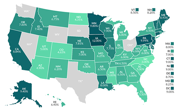 美国各州州税地图，展示不同州的州税税率差异