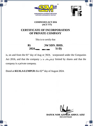 马来西亚公司注册证书样本，展示成功注册案例