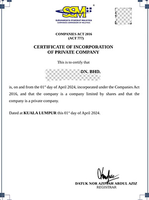 马来西亚公司注册证书样本，展示成功注册案例