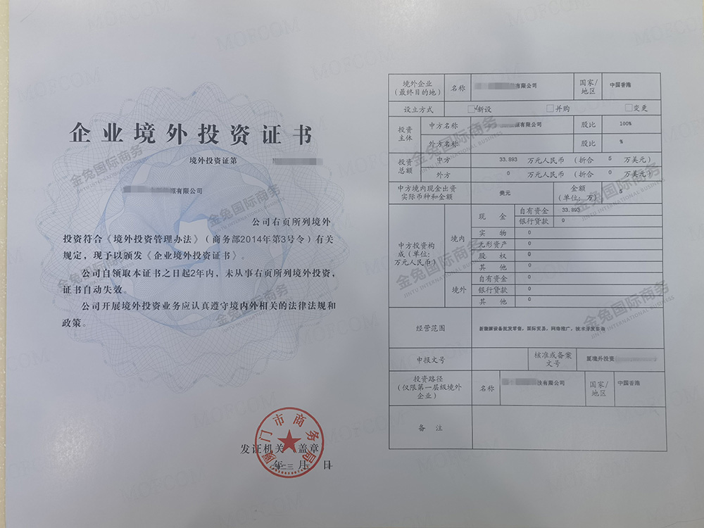 厦门某企业投资香港ODI境外投资备案成功下证