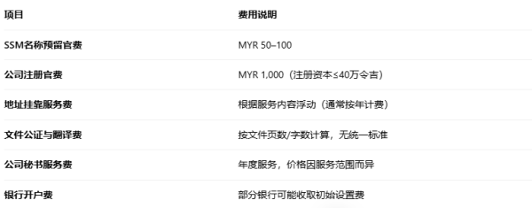 马来西亚公司注册费用